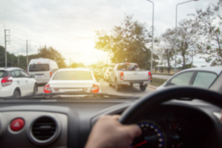 Blurred row of car on evening treaffic jam hour and copyspace, Use for city and car traffic problem content. Car and traffic jam conceptの写真素材