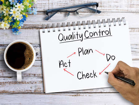 Handwriting Quality Control Form.Plan,Do,Check,Act on notebook,keyboard,coffee and glasses on wood table in office workplace. Business and education concept ideas.の写真素材