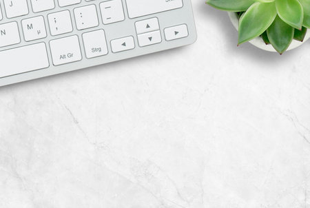 Top view with laptop keyboard and flower on white marble background. space for design. Business...