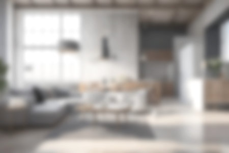 Blur image of living room with furniture at home with sunlight for background usage. blur interior concept.の写真素材