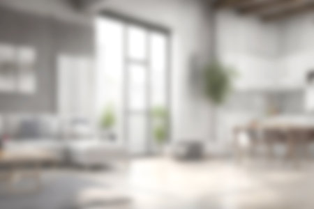 Blur image of living room with furniture at home with sunlight for background usage. blur interior concept.の写真素材