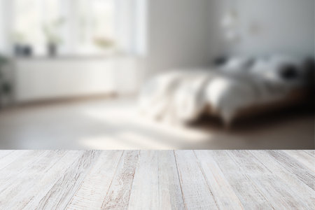 Wood tabletop or counter with display product. Blur Bedroom interior background concept for use.の写真素材
