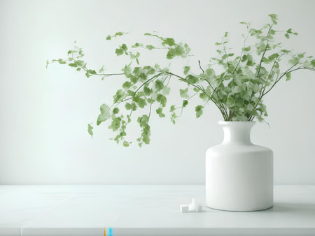 Green Branches in vase on table with light on windowの素材