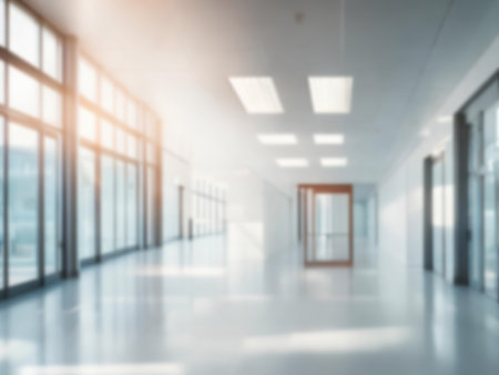 Light blurred background. Blur The hall of an office or medical institution,hospital with panoramic windows and a perspective.の素材