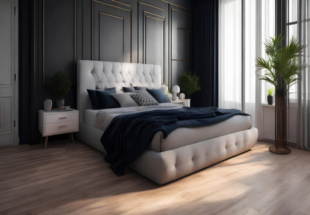 luxury bedroom interior with bedding sheet dark tone and modern styleの素材