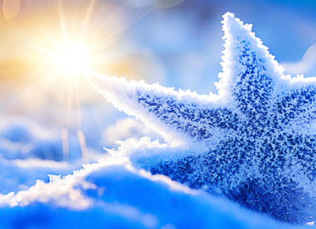 Beautiful winter background with close up frosted leaves and morning sunlight with bokeh background. Blue tone.の写真素材