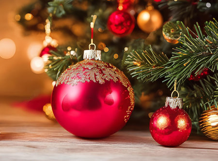 Merry Christmas ornaments. Minimal Small Red and Gold Christmas balls. and gift boxes on a wooden table with copy spaceの写真素材