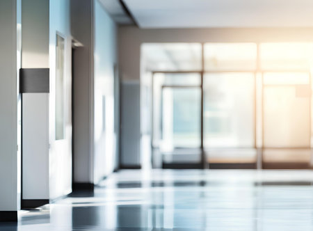Light blurred background. The hall of an office or medical institution with panoramic windows and a perspective.の写真素材