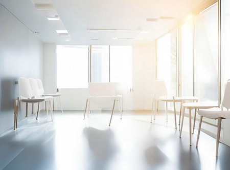 Light blurred background. The hall of an office or medical institution with panoramic windows and a perspective.の写真素材