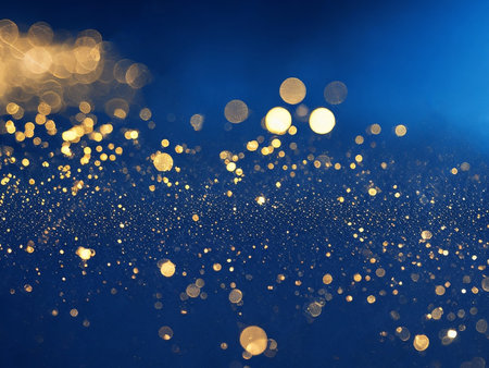 Christmas Golden light shine particles bokeh on light blue,red background. Holiday concept.の写真素材