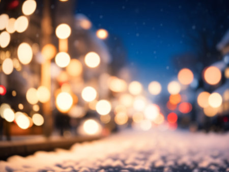 Blurred street of festive night or evening city with snowfall and Christmas lights. Blur Abstract christmas backgroundの素材