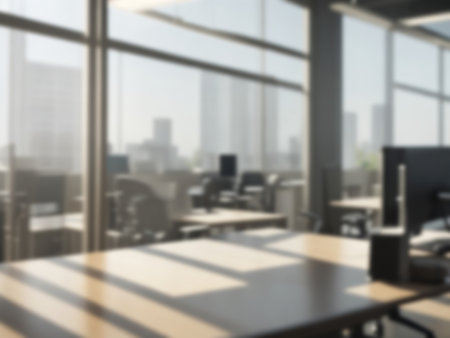 Blurred image of mordern office with sunlight for background usage. Blur interior background concept.の写真素材