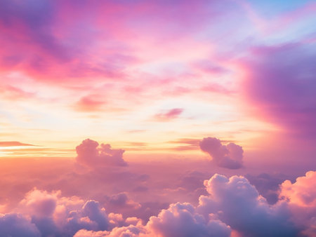 Dramatic amazing sky and clouds from above at sunset.Colorful pastel sky backgroundの素材