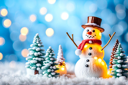Abstract Christmas background with Christmas trees and snow with bokeh light. Merry Christmas Happy New Year banner desing cocept.の素材