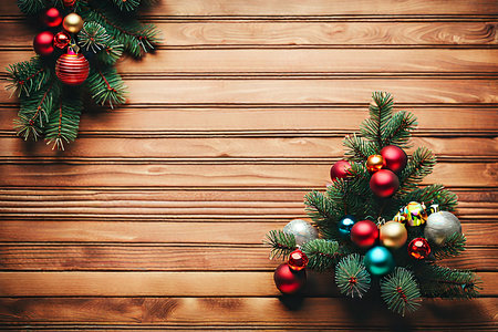 Abstract Christmas background with Christmas trees and decoration gift box, on wood background. Merry Christmas Happy New Year banner desing cocept.の素材