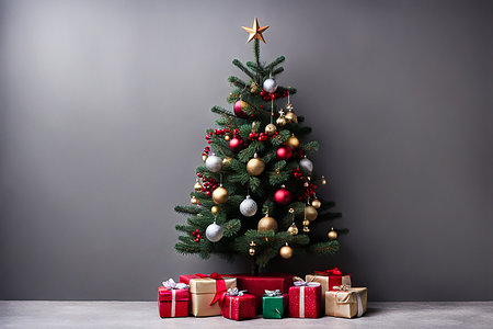 Abstract Christmas background with Christmas trees and decoration gift box, on wood background. Merry Christmas Happy New Year banner desing cocept.の素材