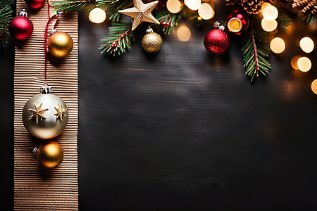 Abstract Christmas background with Christmas trees and decoration gift box, on wood background. Merry Christmas Happy New Year banner desing cocept.の素材