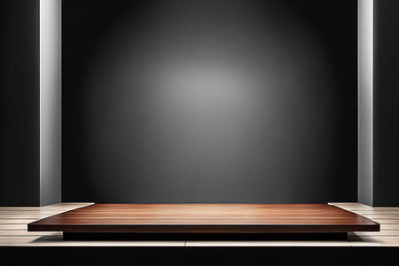 Empty wood tabletop or counter with display product. Blur image of gray wall background. Display product backgroundの写真素材