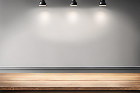 Empty wood tabletop or counter with display product. Blur image of gray wall background. Display product backgroundの写真素材