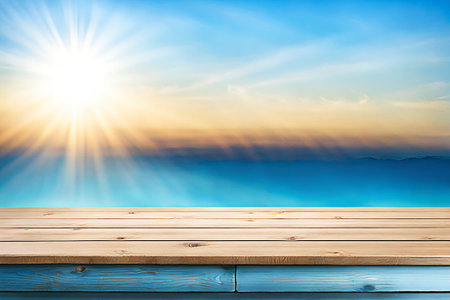 Empty wood tabletop or counter with display product. Blur image of blue sky and hill background. Display product backgroundの写真素材