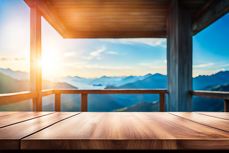 Empty wood tabletop or counter with display product. Blur image of blue sky and hill background. Display product backgroundの写真素材