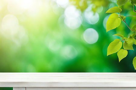 Empty wood tabletop or counter with display product. Blur image of green leaves bokeh background....
