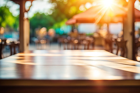 Empty wood tabletop or counter with display product. Blur image of restaurant,coffee shop background. Display product background conceptの写真素材