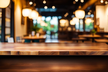 Empty wood tabletop or counter with display product. Blur image of restaurant,coffee shop background. Display product background conceptの写真素材