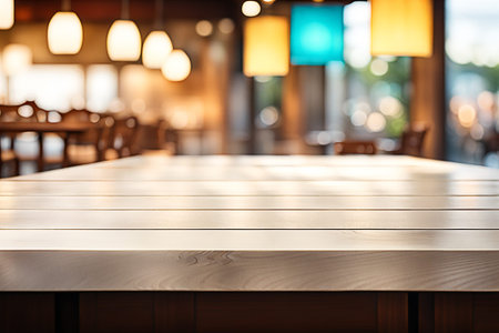 Empty wood tabletop or counter with display product. Blur image of restaurant,coffee shop...