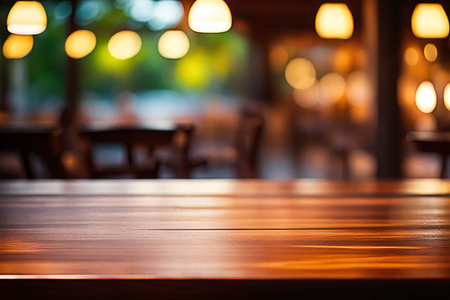 Empty wood tabletop or counter with display product. Blur image of restaurant,coffee shop...