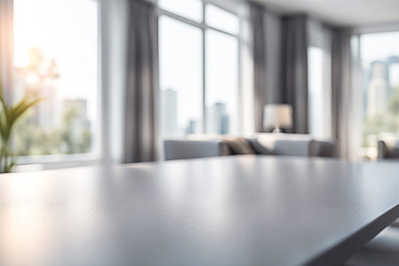 Empty wood tabletop or counter with display product. Blur image of living room background. Display...