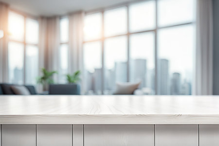 Empty wood tabletop or counter with display product. Blur image of living room background. Display product background concept for use.の写真素材