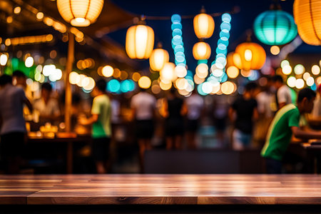 Empty wood tabletop or counter with display product. Blur image of night market background. Display product background conceptの写真素材