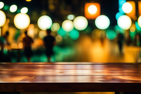 Empty wood tabletop or counter with display product. Blur image of night market background. Display...