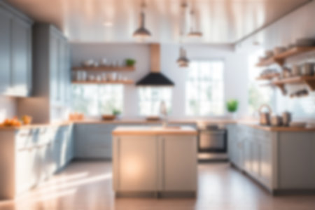 Blur image of kitchen room with furniture at home with sunlight for background usage. blur interior concept.の素材