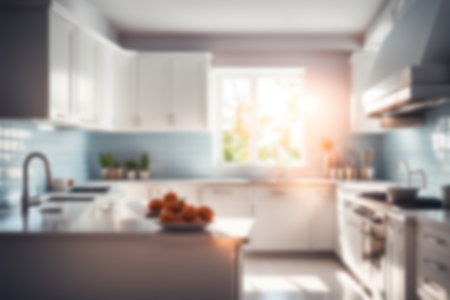 Blur image of kitchen room with furniture at home with sunlight for background usage. blur interior concept.の素材