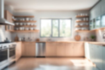 Blur image of kitchen room with furniture at home with sunlight for background usage. blur interior concept.の素材