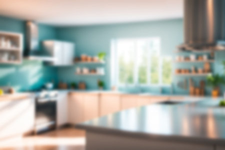 Blur image of kitchen room with furniture at home with sunlight for background usage. blur interior concept.の素材