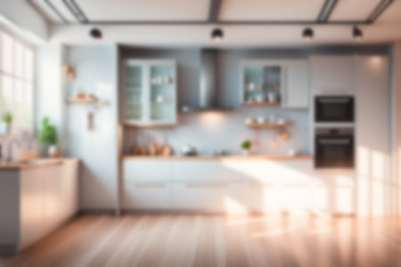 Blur image of kitchen room with furniture at home with sunlight for background usage. blur interior concept.の素材
