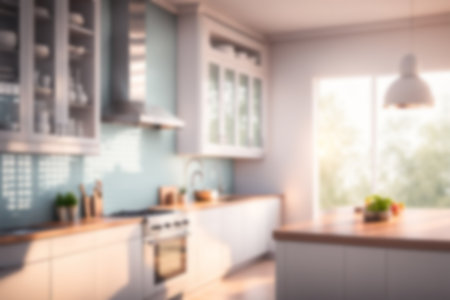 Blur image of kitchen room with furniture at home with sunlight for background usage. blur interior concept.の素材