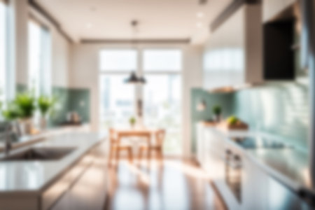 Blur image of kitchen room with furniture at home with sunlight for background usage. blur interior concept.の素材