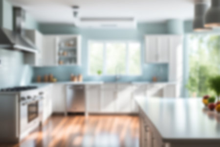 Blur image of kitchen room with furniture at home with sunlight for background usage. blur interior concept.の素材