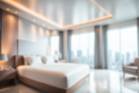 Blur image of bed room with furniture at home with sunlight for background usage.の素材