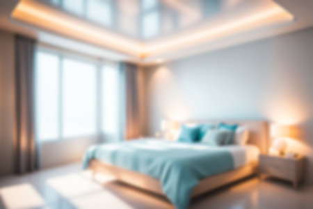 Blur image of bed room with furniture at home with sunlight for background usage.の素材