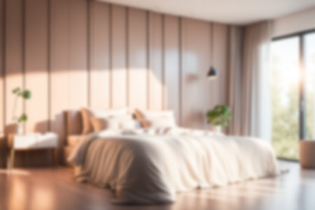 Blur image of bed room with furniture at home with sunlight for background usage.の素材