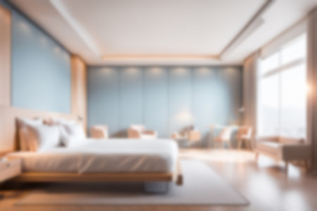 Blur image of bed room with furniture at home with sunlight for background usage.の素材