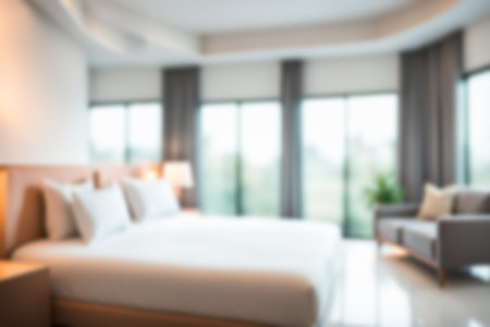Blur image of bed room with furniture at home with sunlight for background usage.の素材