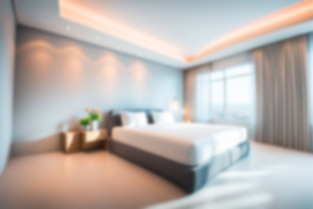 Blur image of bed room with furniture at home with sunlight for background usage.の素材