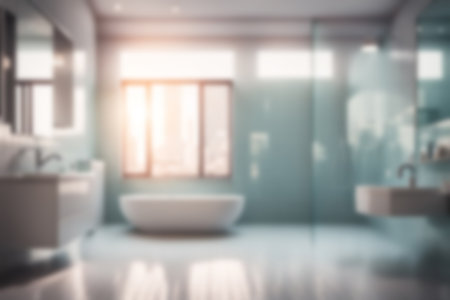 Blurred bathroom interior with white bathtub and window, abstract backgroundの素材