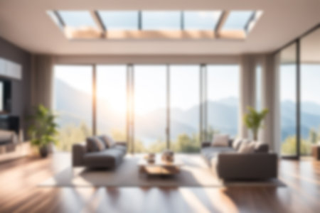 Blur image of living room with furniture at home with morning sunlight for background usage. blur interior background concept.の素材